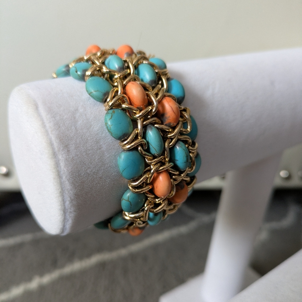 Beaded How lite Turquoise and Coral Stretch Bracelet